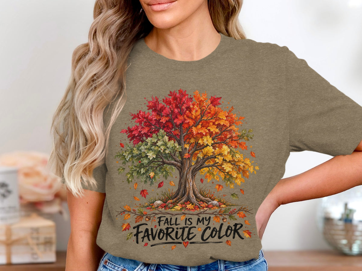 T-shirt graphic with a colorful fall tree and the text "Fall is my favorite color."