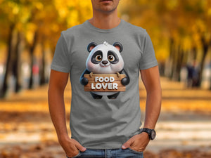 Cartoon panda holding wooden sign with text "FOOD LOVER".