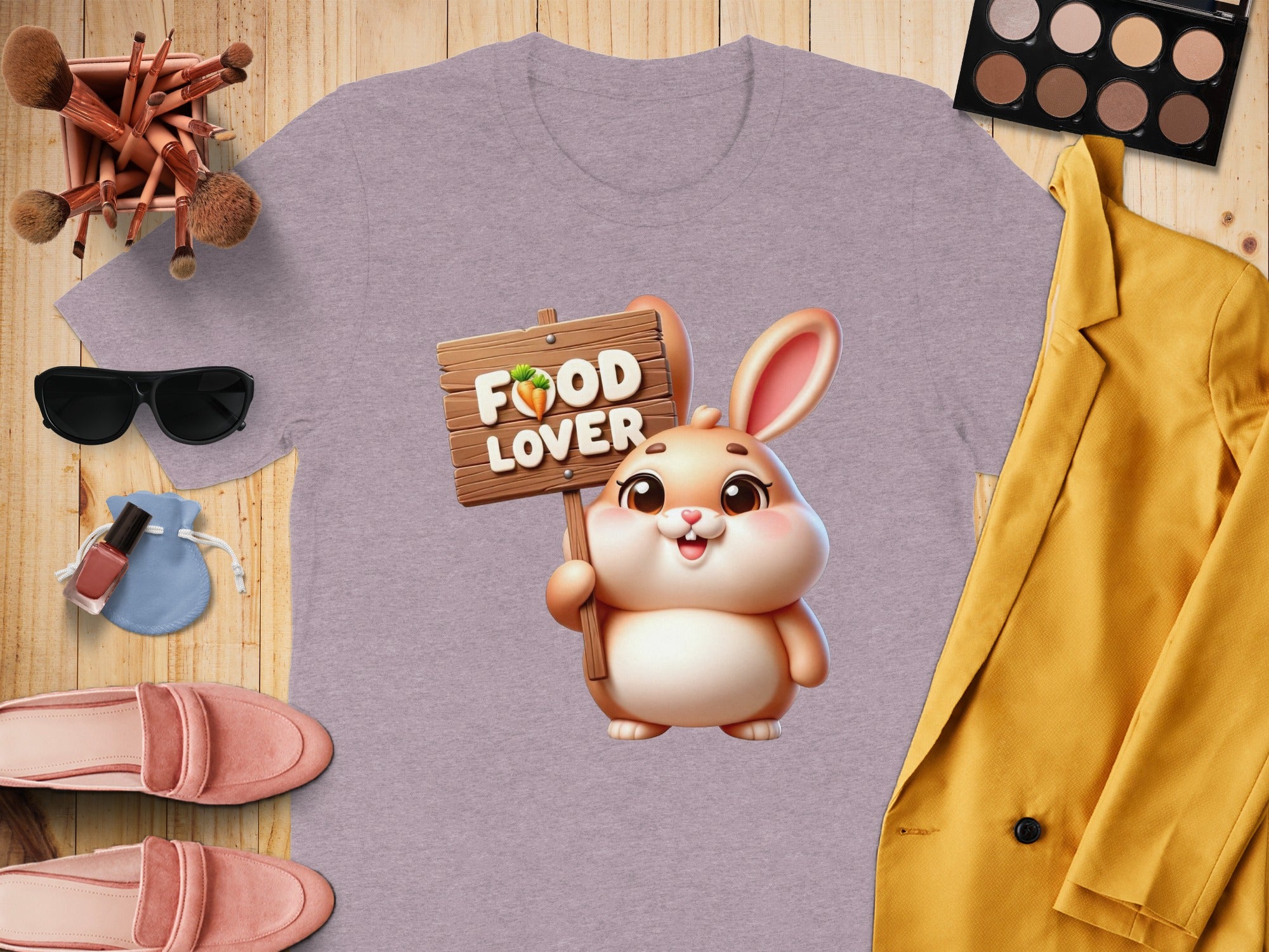 T-shirt with cartoon bunny holding "FOOD LOVER" sign and carrot graphic.