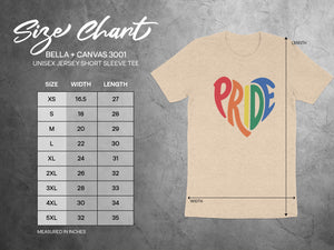 Unisex short sleeve tee size chart for Bella + Canvas 3001 shirts.