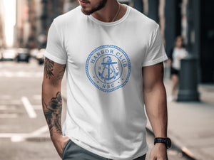 White t-shirt with blue anchor and "Harbor Club HBC" circular logo.