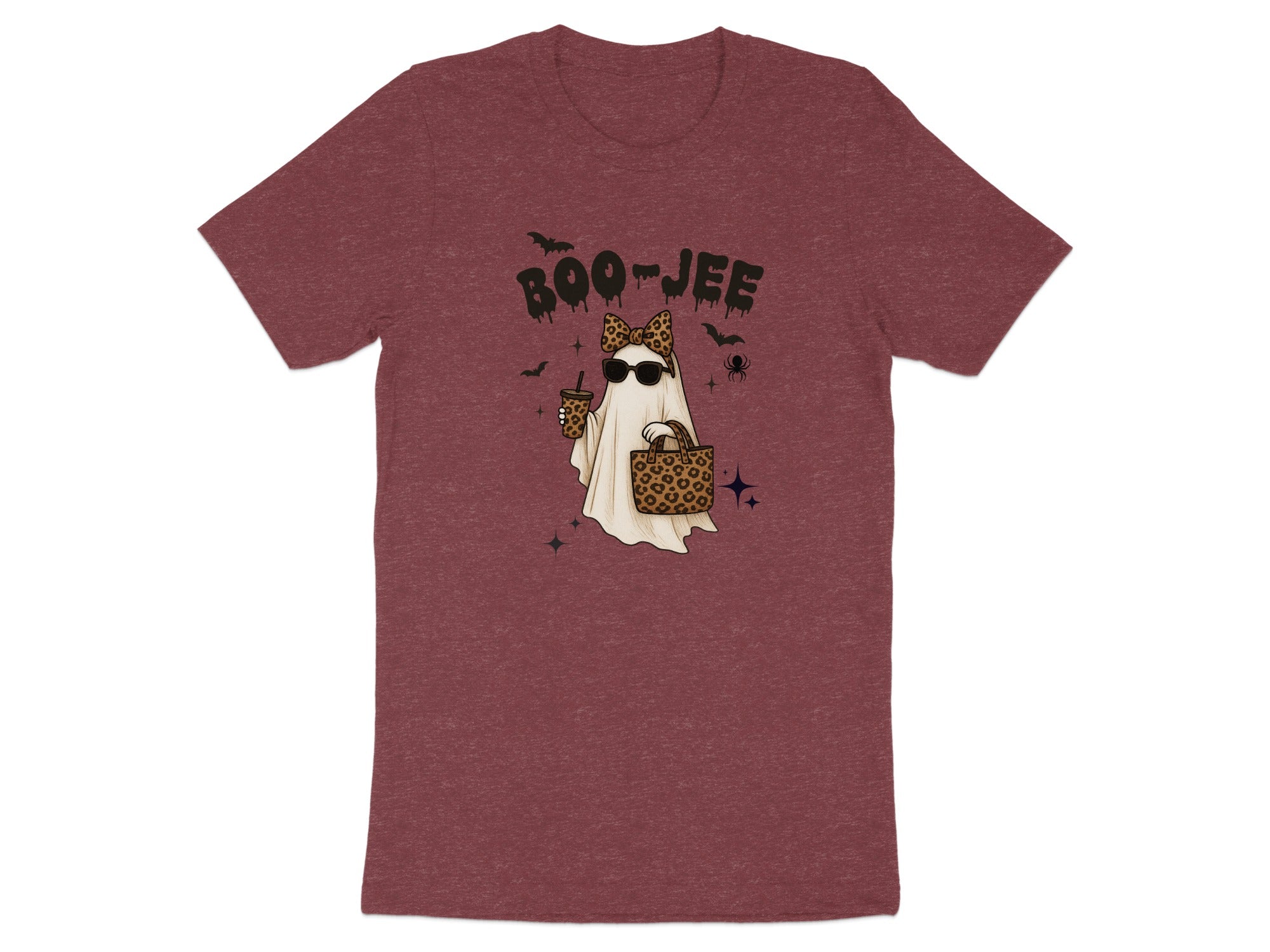 Ghost with leopard print bow, sunglasses, drink, and bag with text "BOO-JEE".