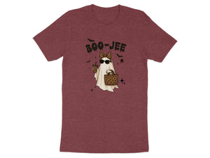 Ghost with leopard print bow, sunglasses, drink, and bag with text "BOO-JEE".