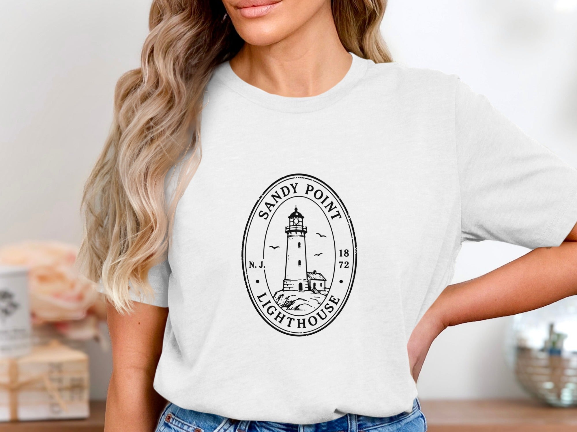 Sandy Point Lighthouse N.J. 1872 graphic on white t-shirt.
