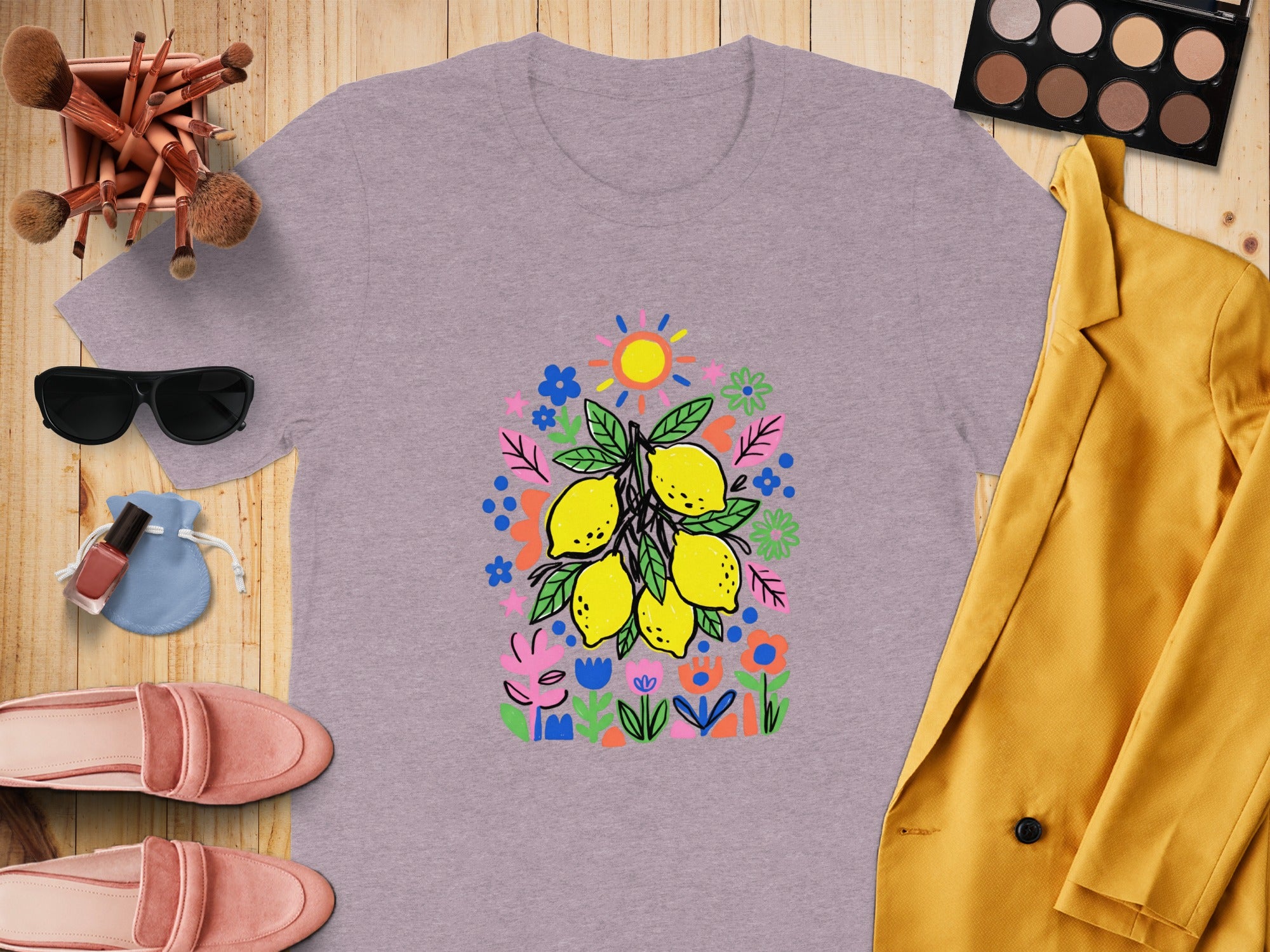 Lilac t-shirt with a whimsical lemon branch and floral print design.