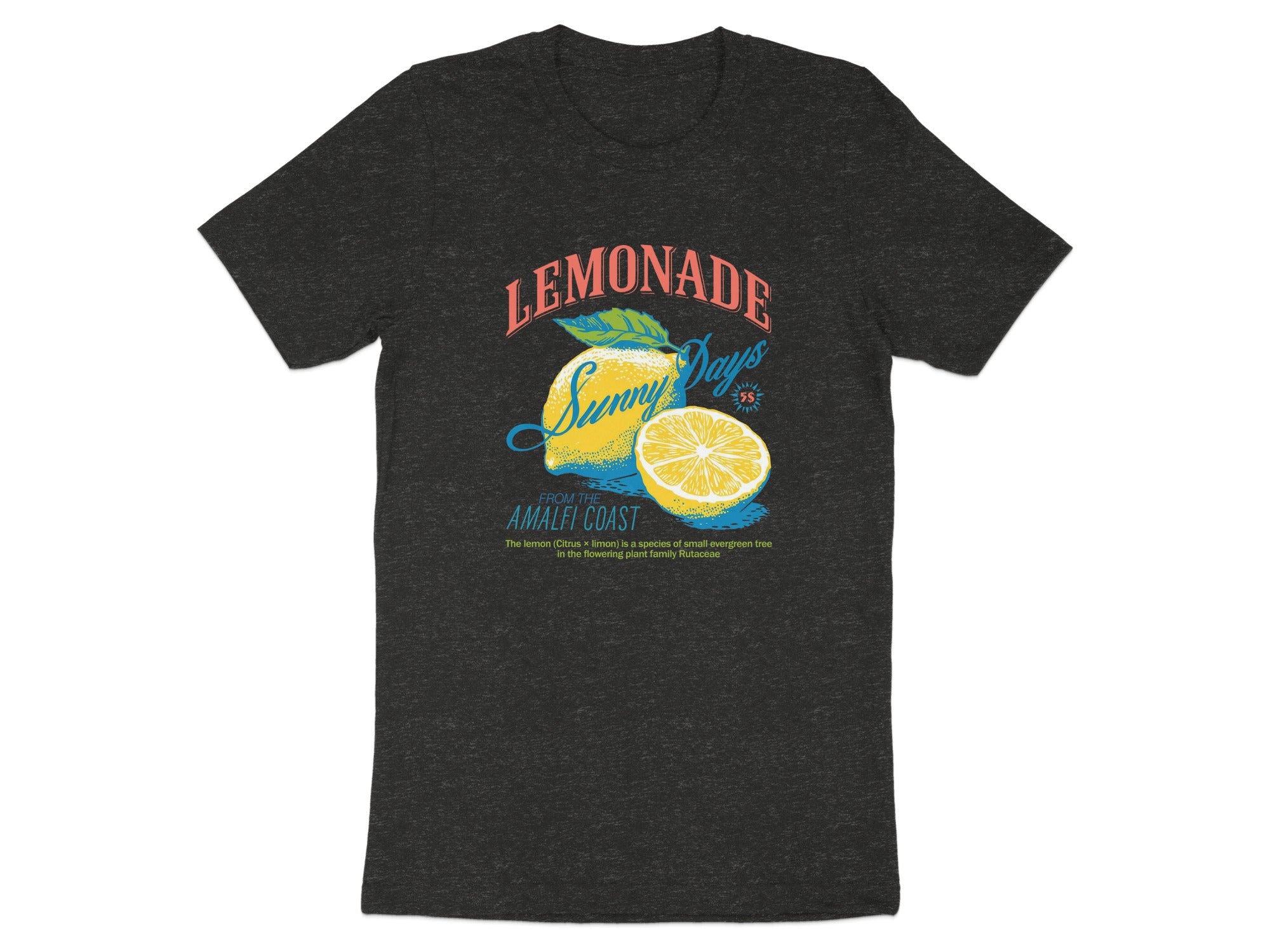 T-shirt with "Lemonade Sunny Days Amalfi Coast" text and lemons.