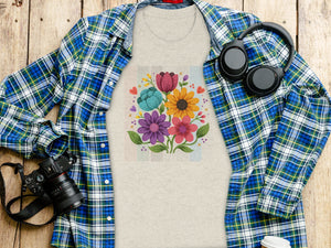 T-shirt with colorful floral design, open plaid shirt, headphones, and camera.