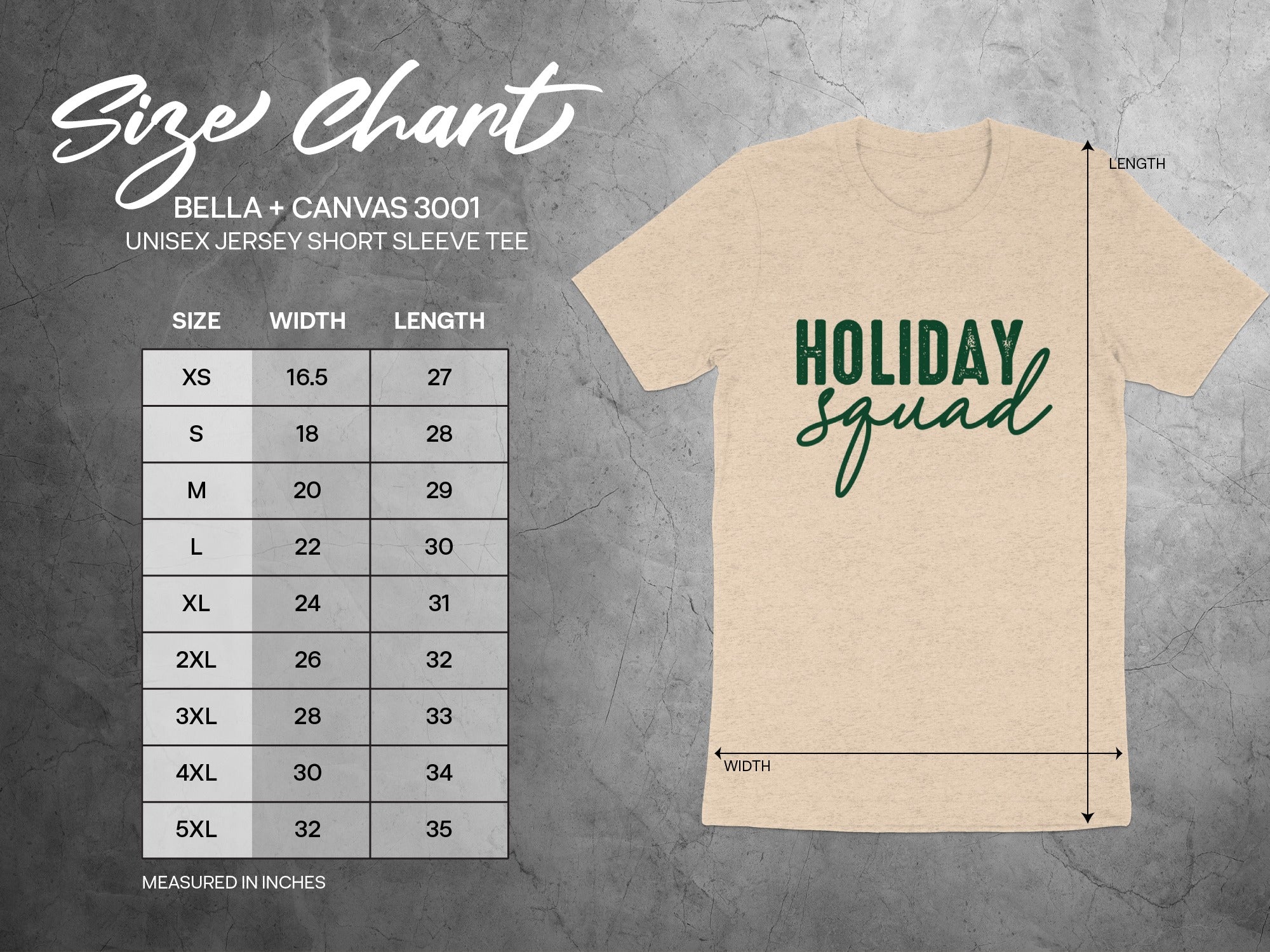 Size chart for Bella + Canvas 3001 unisex short sleeve tee with width and length.
