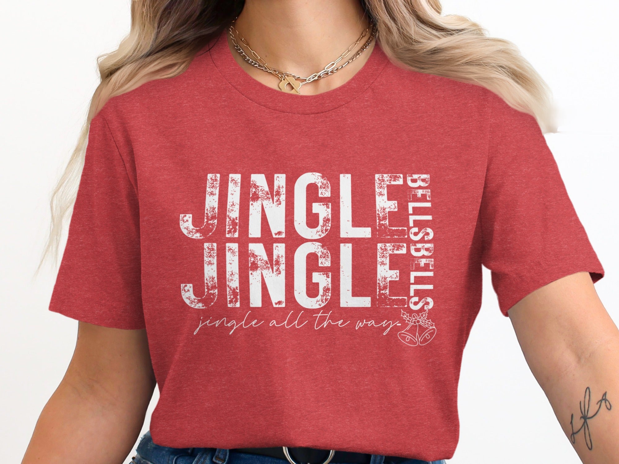 Red t-shirt with "Jingle Jingle" and "Jingle all the way" text, and bells graphic.