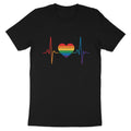 Black t-shirt with a rainbow heartbeat and heart graphic.
