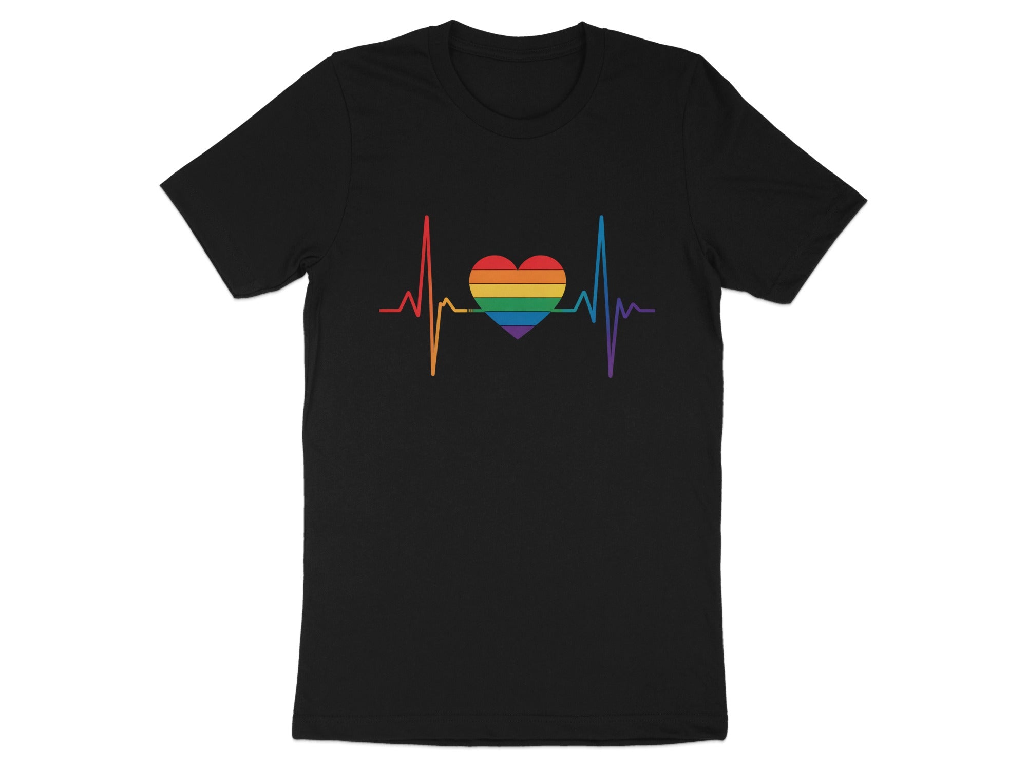Black t-shirt with a rainbow heartbeat and heart graphic.