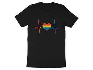 Black t-shirt with a rainbow heartbeat and heart graphic.