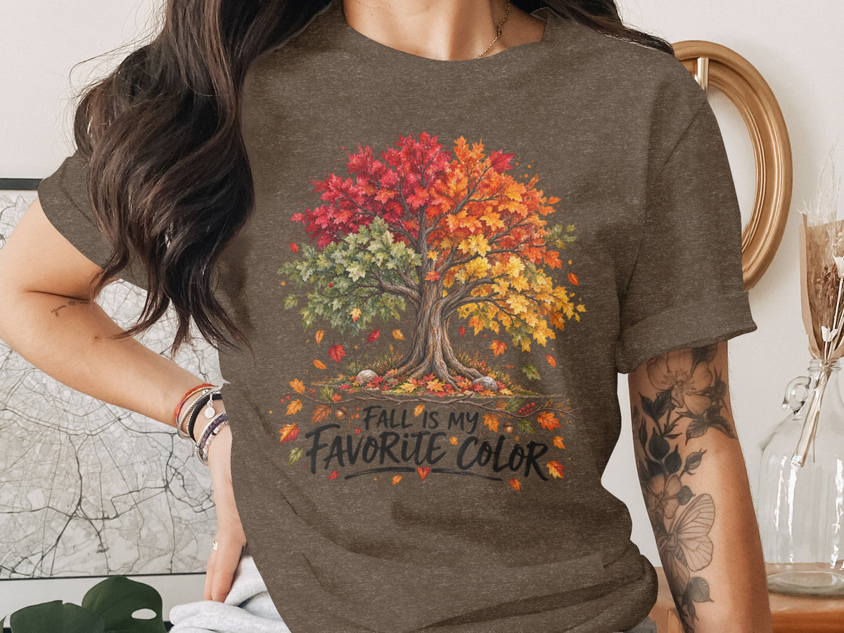 Brown t-shirt with a colorful autumn tree graphic and text "Fall is my favorite color."