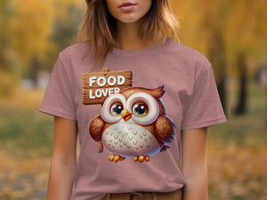 T-shirt featuring a cartoon owl with a "Food Lover" sign.