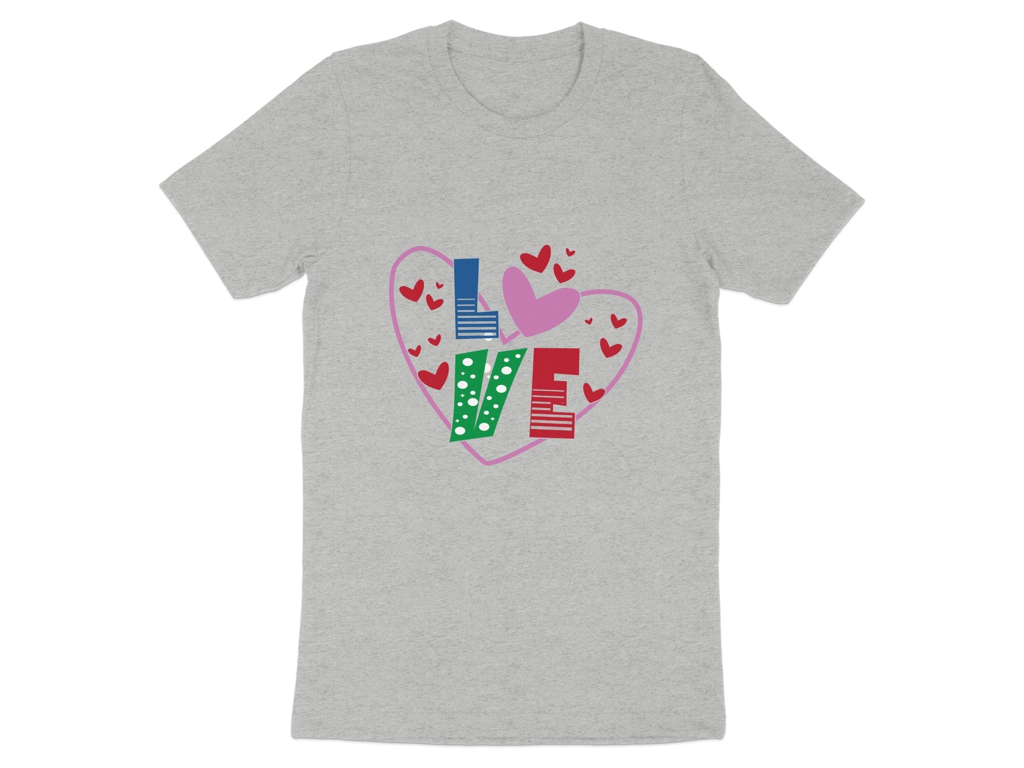 Grey t-shirt with colorful "LOVE" text and hearts graphic.