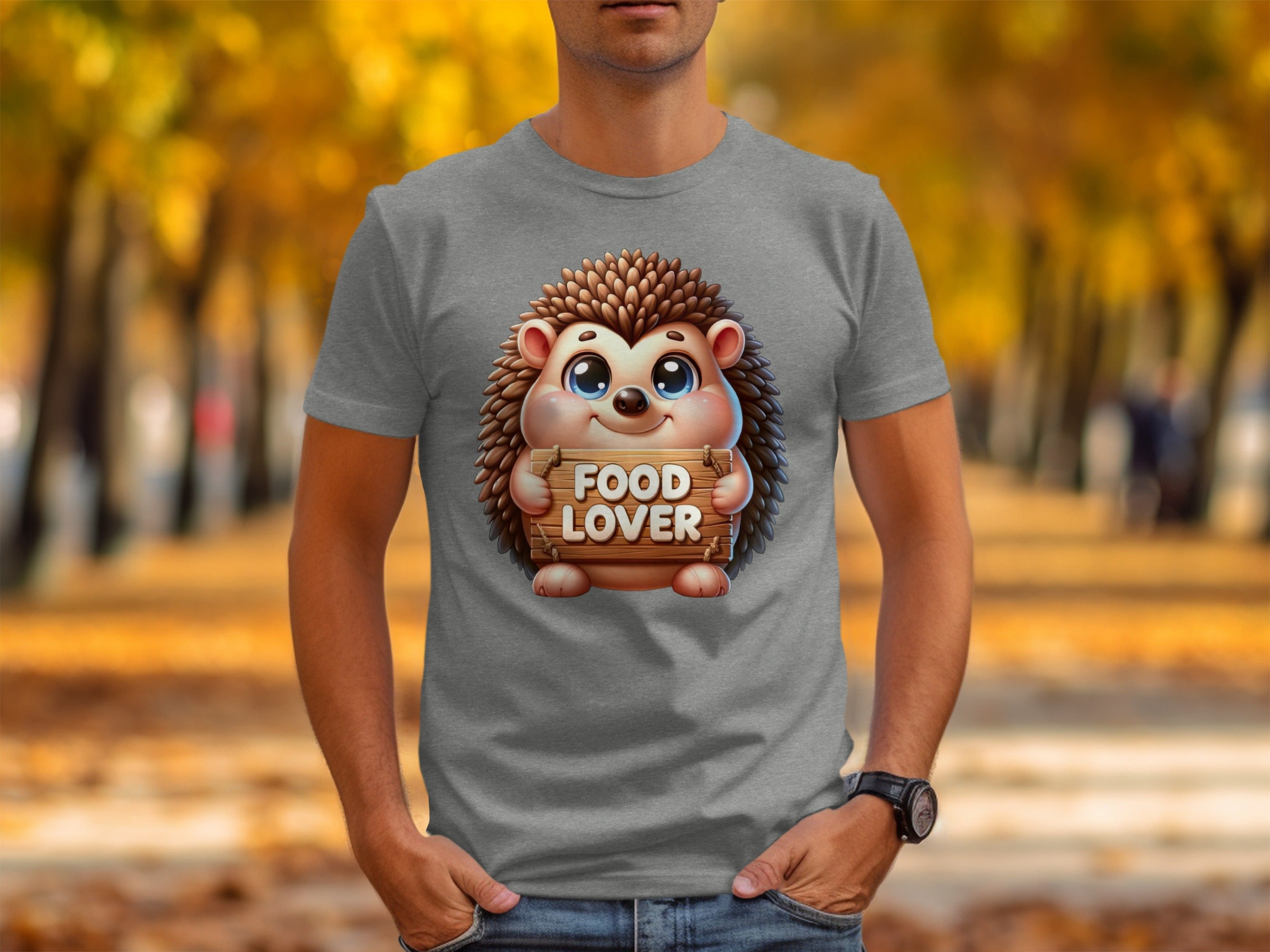 Gray t-shirt with a cartoon hedgehog holding a "FOOD LOVER" sign.