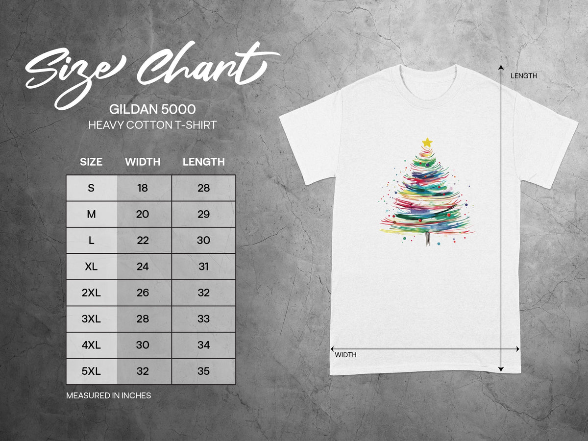 Gildan 5000 heavy cotton t-shirt size chart with width and length measurements.