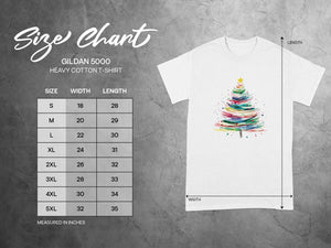 Gildan 5000 heavy cotton t-shirt size chart with width and length measurements.