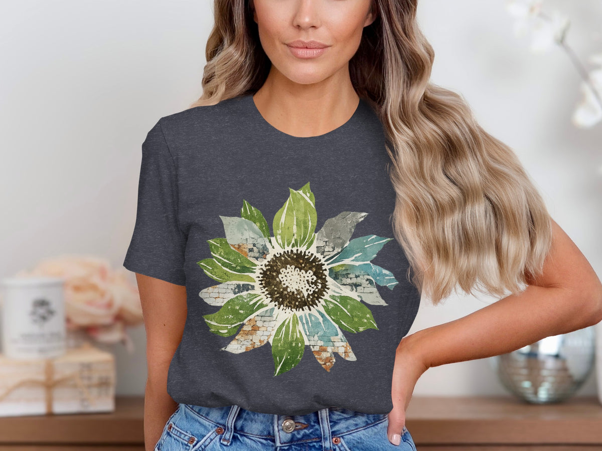 Dark grey t-shirt with a sunflower graphic featuring distressed brick and blue watercolor textures.