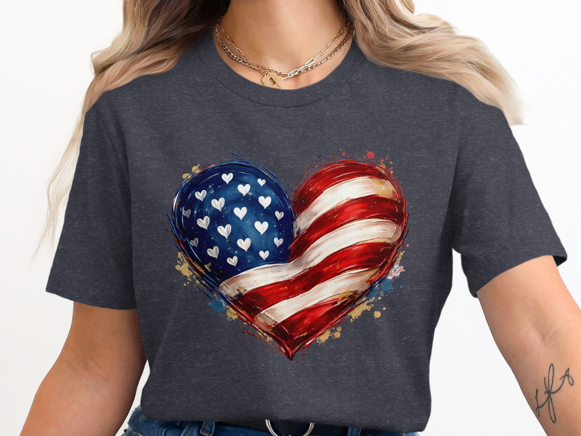 Dark grey t-shirt with a distressed American flag heart graphic.