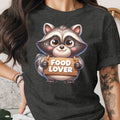 Cartoon raccoon holding a wooden sign with "FOOD LOVER" text.