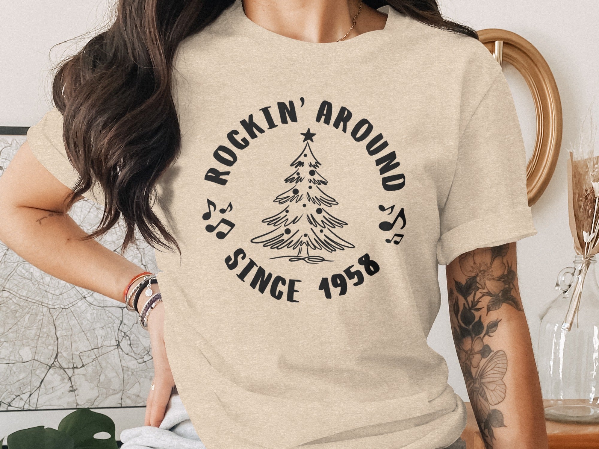 T-shirt with "Rockin' Around Since 1958" and Christmas tree graphic.