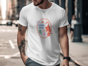 White t-shirt with a circular graphic of a toucan, palm frond, and flower, with "COSTA RICA" text.