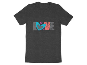 Dark t-shirt with a colorful "LOVE" graphic featuring a large blue heart.