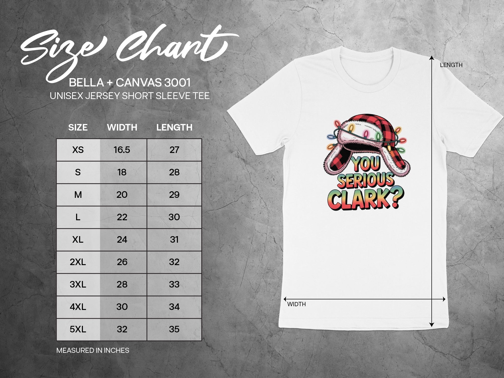 Size chart for Bella + Canvas 3001 unisex jersey tee with Christmas hat graphic.