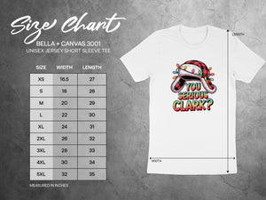 Size chart for Bella + Canvas 3001 unisex jersey tee with Christmas hat graphic.