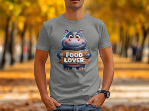 Cartoon hippo holding a wooden sign with "FOOD LOVER" text.