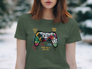 Graffiti-style video game controller with text "Never Give Up" and "Every Day is Game Day."