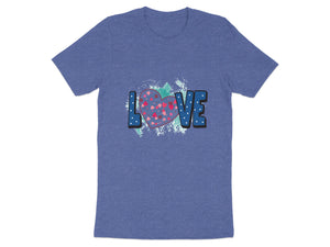 Blue t-shirt with the word "LOVE" and a heart design.