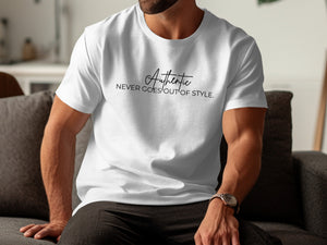 White t-shirt with "Authentic NEVER GOES OUT OF STYLE" printed in black text.