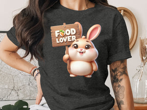 Cartoon bunny holding wooden sign with "FOOD LOVER" and carrots.