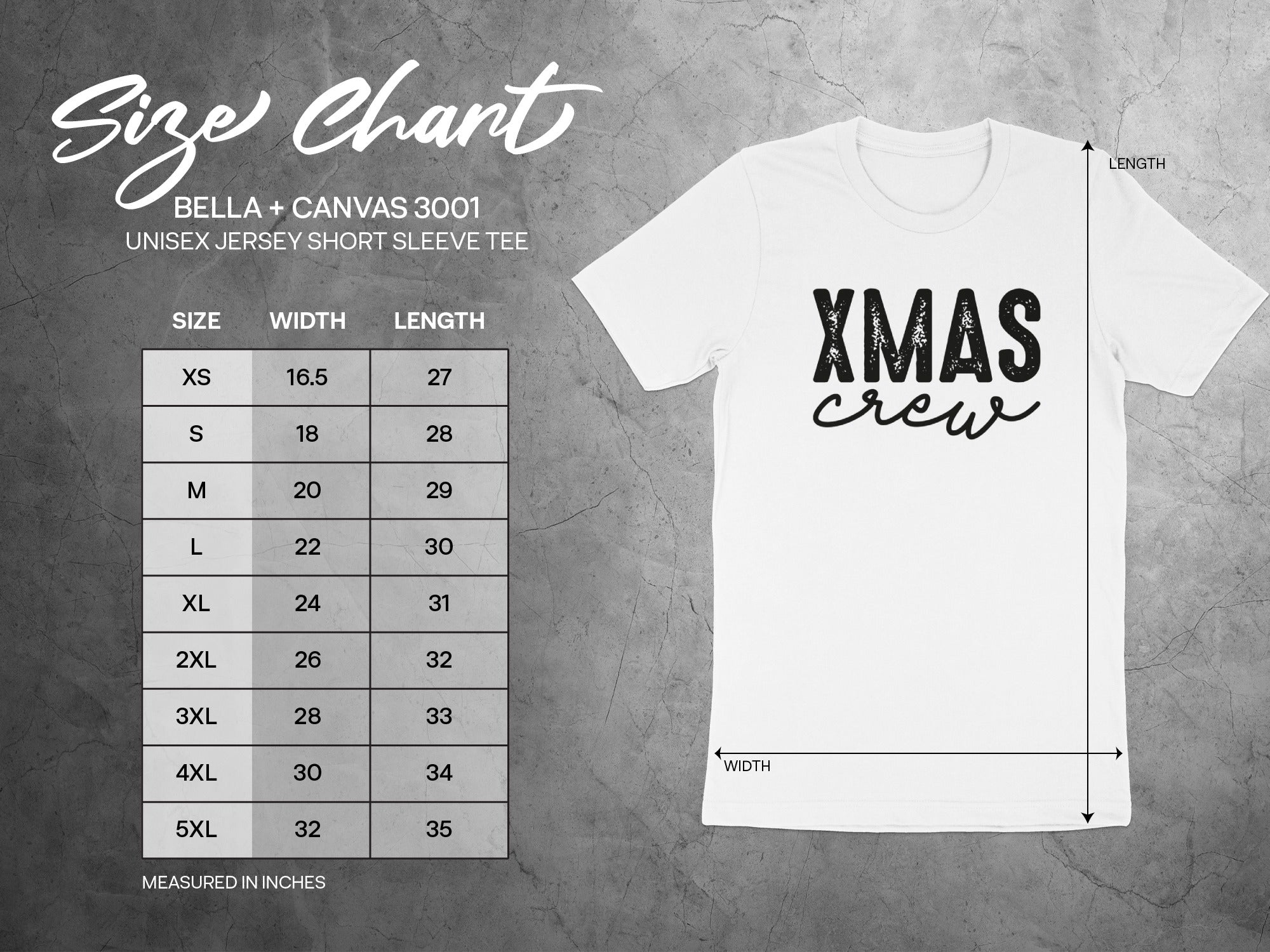 Bella + Canvas 3001 unisex t-shirt size chart with width and length measurements.