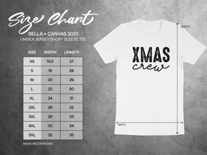 Bella + Canvas 3001 unisex t-shirt size chart with width and length measurements.