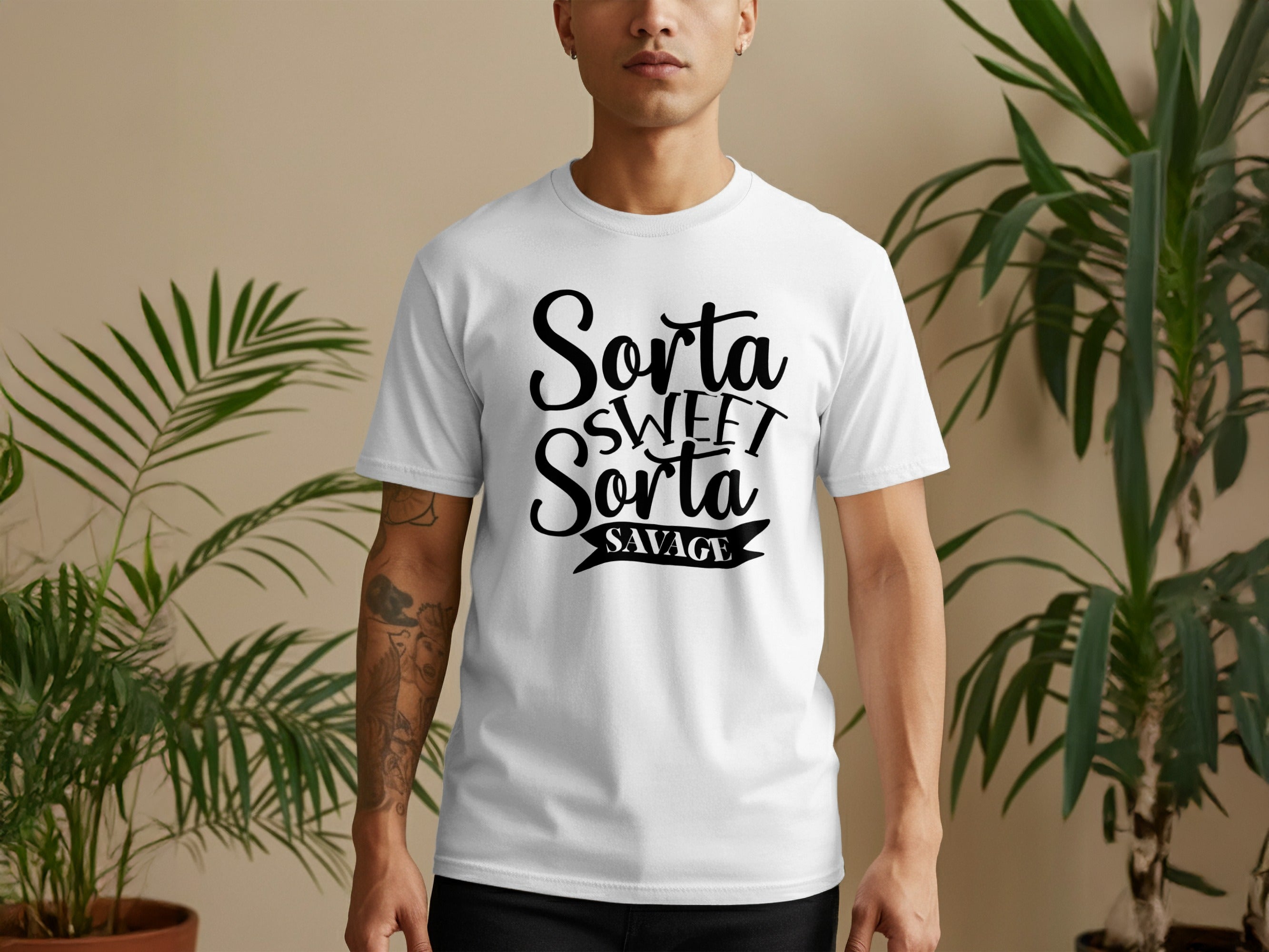 White t-shirt with black text "Sorta Sweet Sorta Savage"