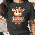 Cute cartoon giraffe holds wooden sign that says Food Lover.