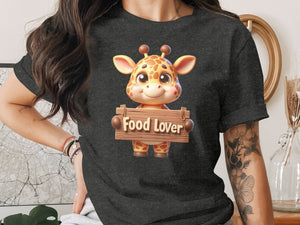 Cute cartoon giraffe holds wooden sign that says Food Lover.