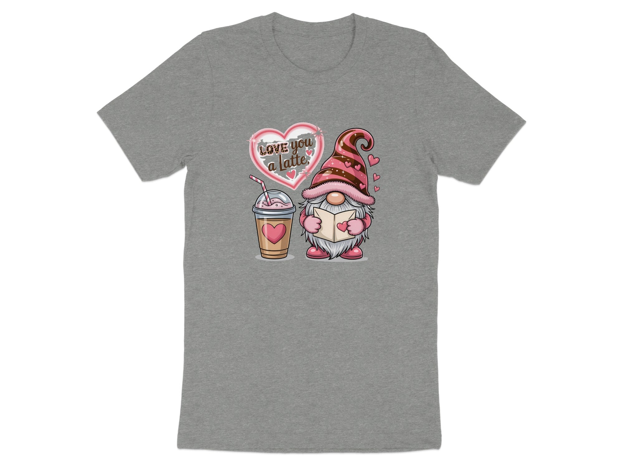 Gnome with coffee cup and heart saying "Love you a latte."
