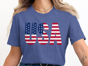 Blue t-shirt with USA in American flag design.