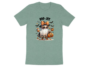 A ghost wearing sunglasses and a bow holds a pumpkin and drink, with "BOO-JEE" text.