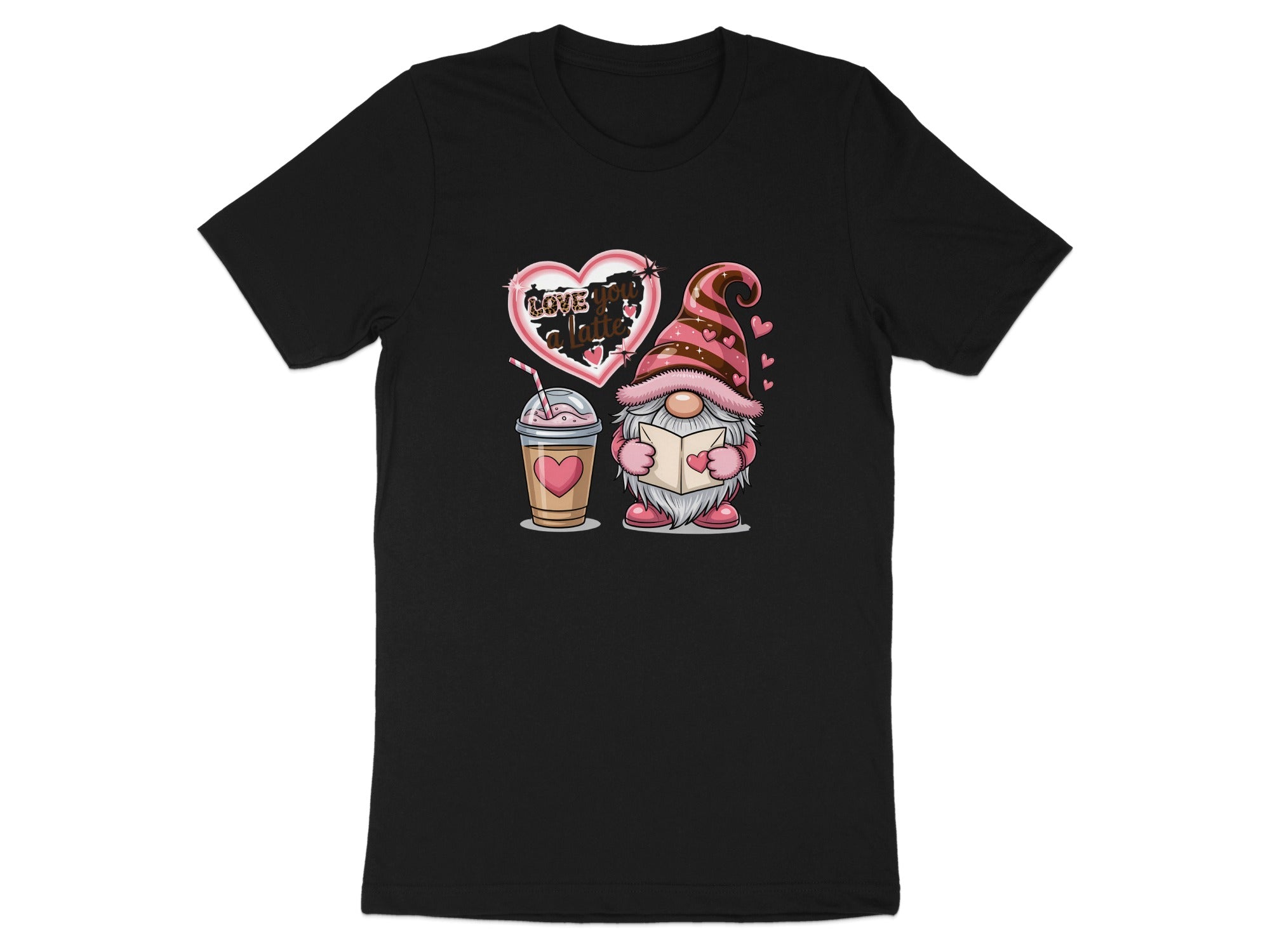 Gnome reading and coffee cup with text "Love You A Latte" on a black t-shirt.