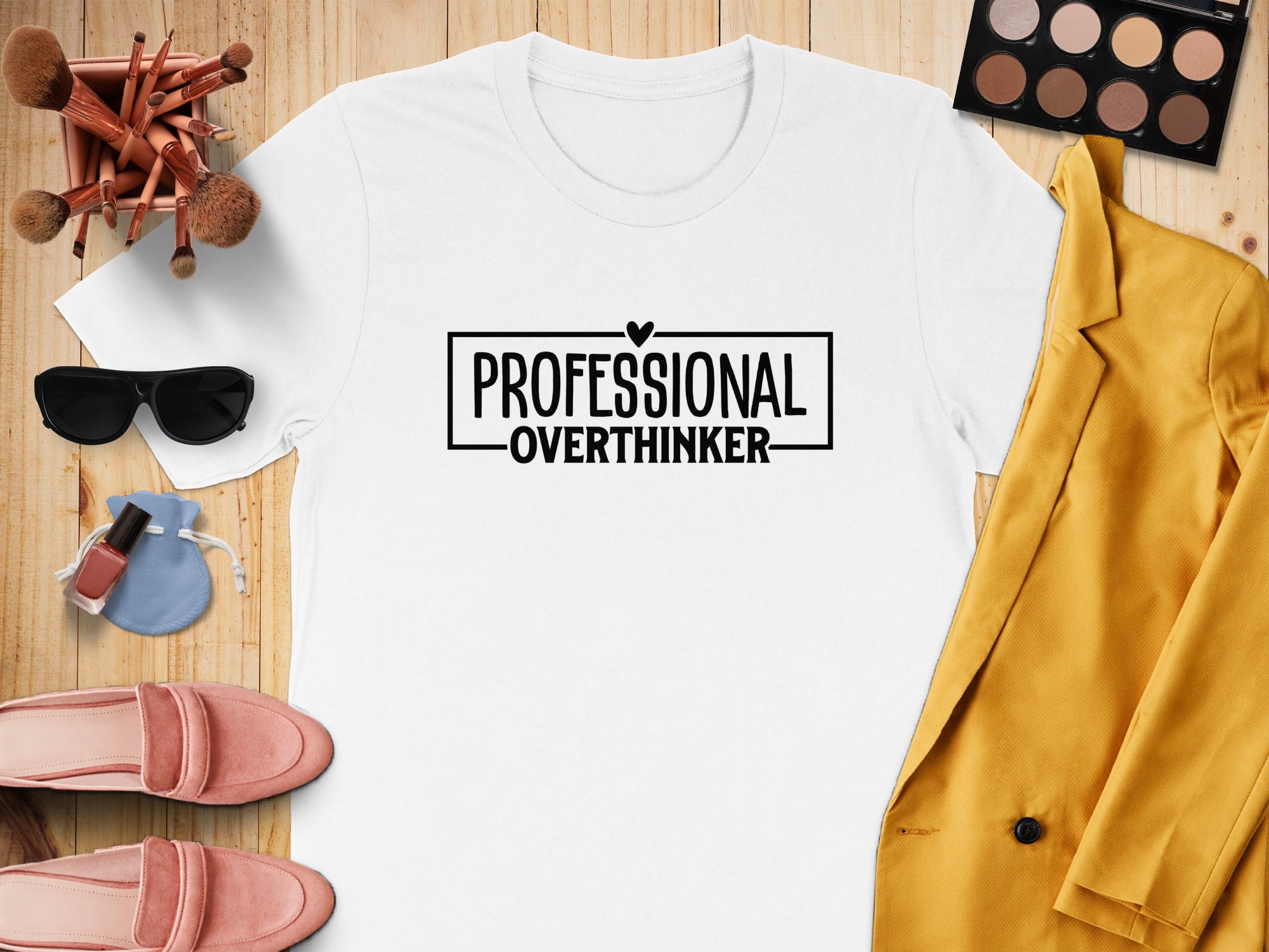 White t-shirt with black text reading "PROFESSIONAL OVERTHINKER".