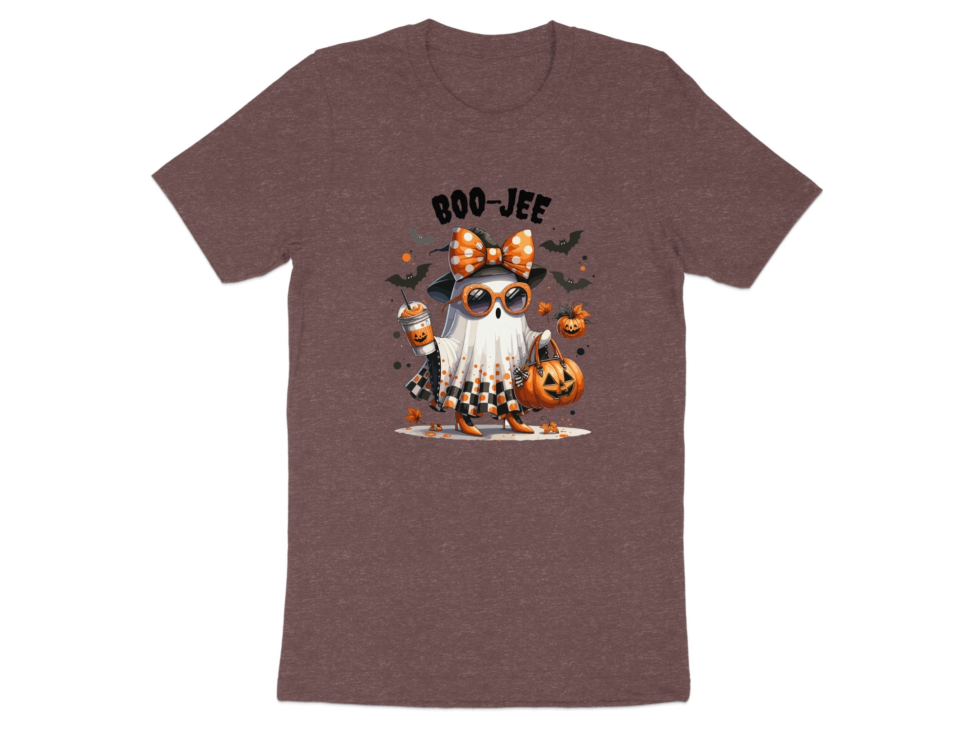 Ghost with pumpkin bag and drink, wearing a bow, sunglasses, and checkered dress. Text: BOO-JEE