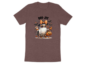 Ghost with pumpkin bag and drink, wearing a bow, sunglasses, and checkered dress. Text: BOO-JEE