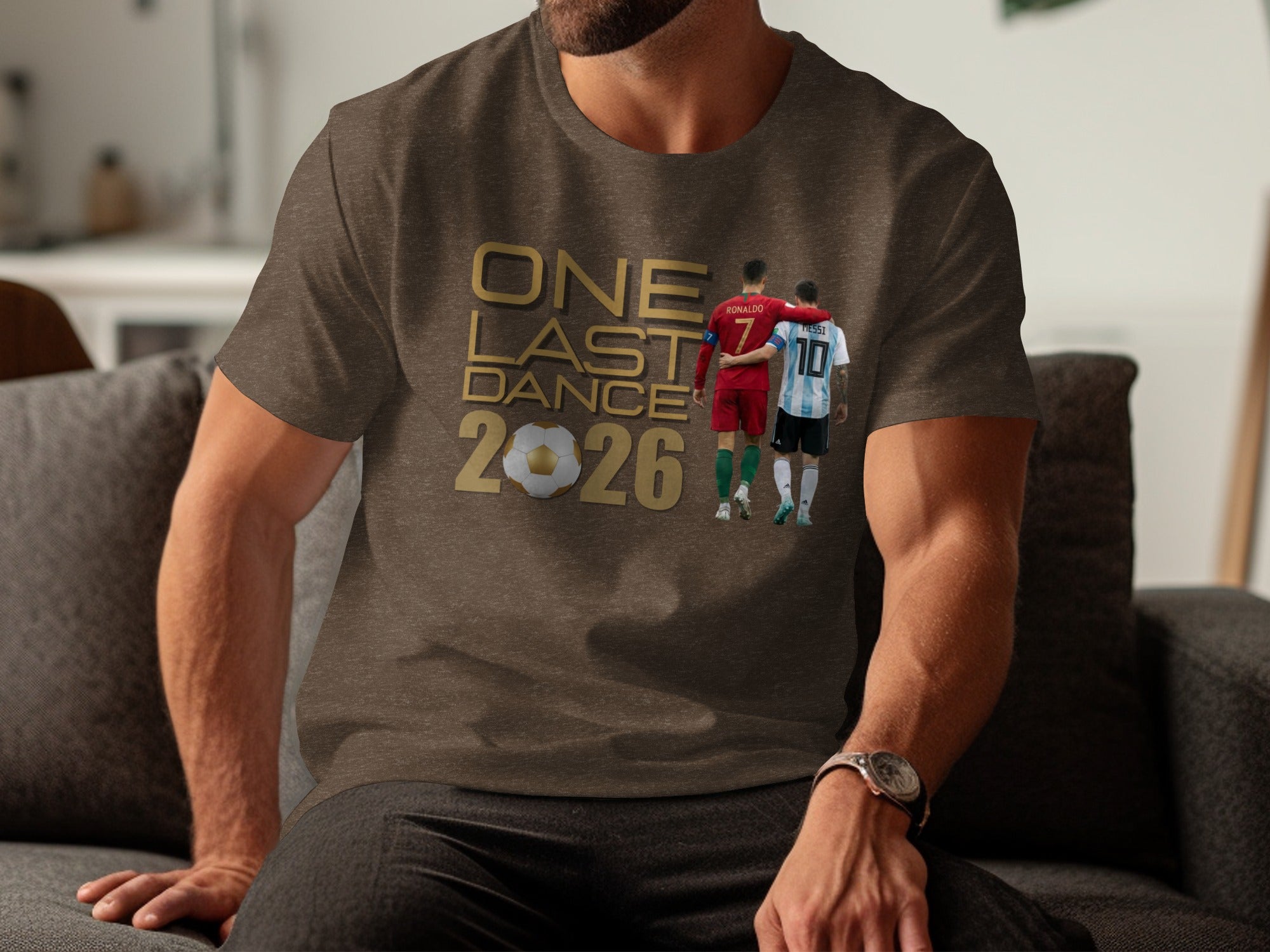 T-shirt with graphic of "One Last Dance 2026" and Messi and Ronaldo embracing.