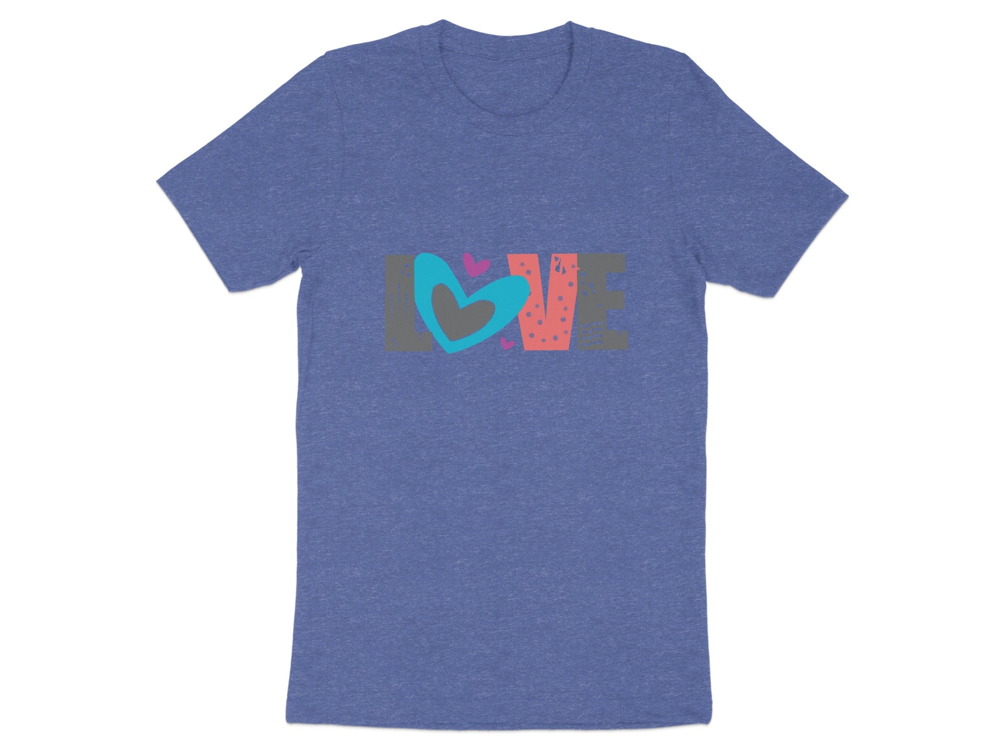 Blue t-shirt with "LOVE" graphic featuring hearts and stars.