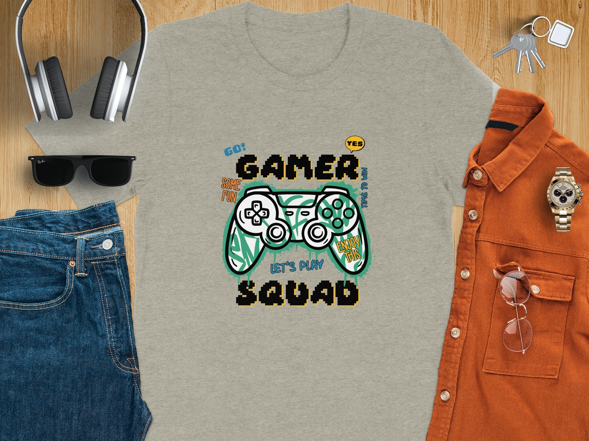 Grey t-shirt with "Gamer Squad" and a pixelated controller graphic.
